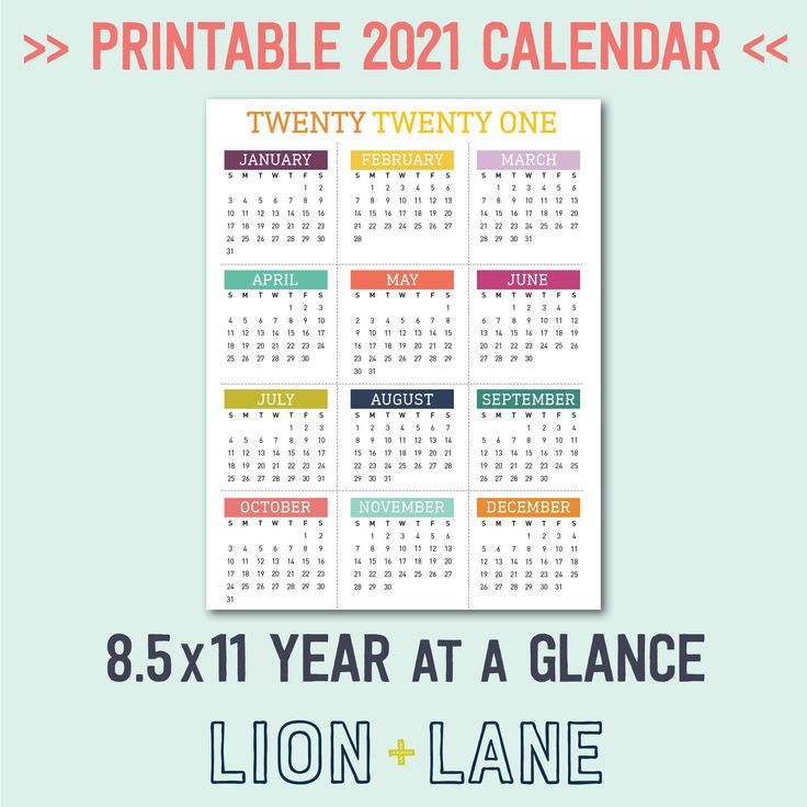2021 Printable Calendar - Year At A Glance - 8.5X11 Letter  Year At A Glace 2021