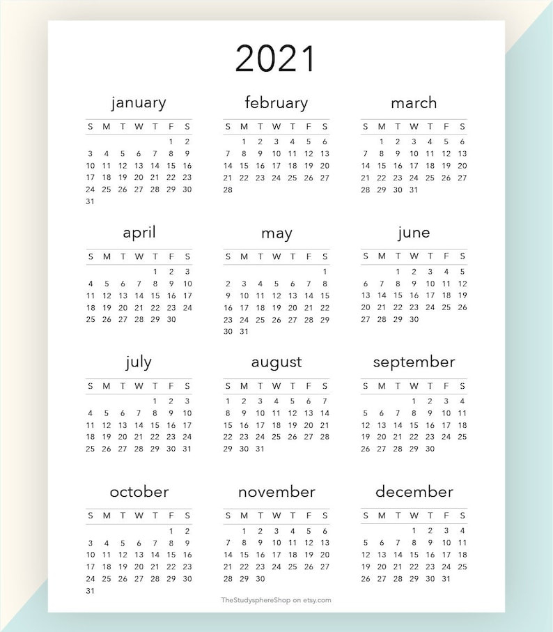 2021 Year At A Glance 2021 Calendar Yearly Overview Yearly  Year At A Glace 2021