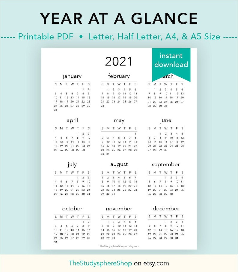 Year At A Glace 2021 Template Calendar Design 8288