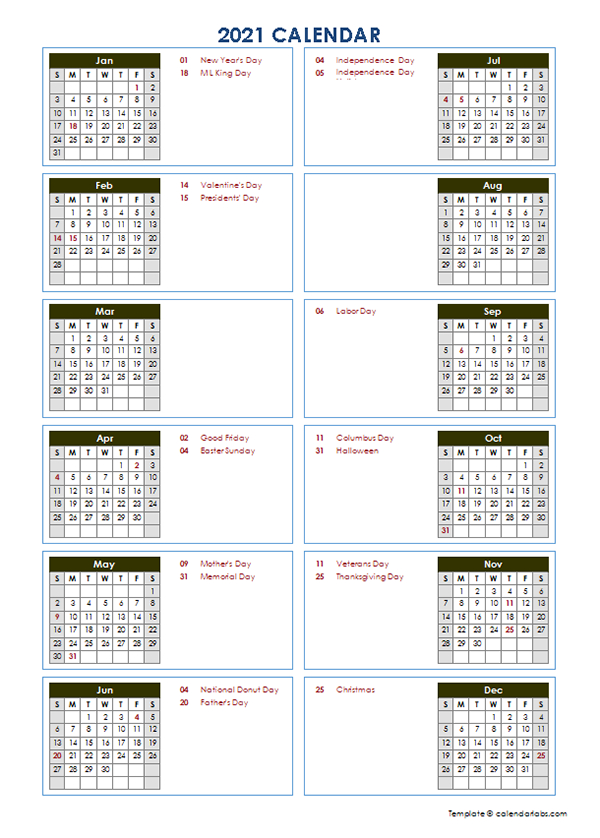 2021 Year At A Glance Word Calendar Template - Free  Year At A Glace 2021