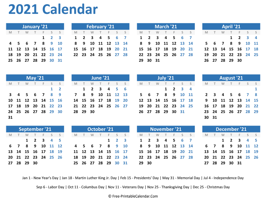 2021 Yearly Calendar  Free Full Year Printable Calendar 2021