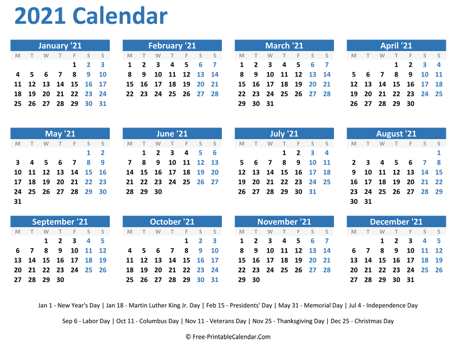 2021 Yearly Calendar Printable Free Free Letter Templ 3040