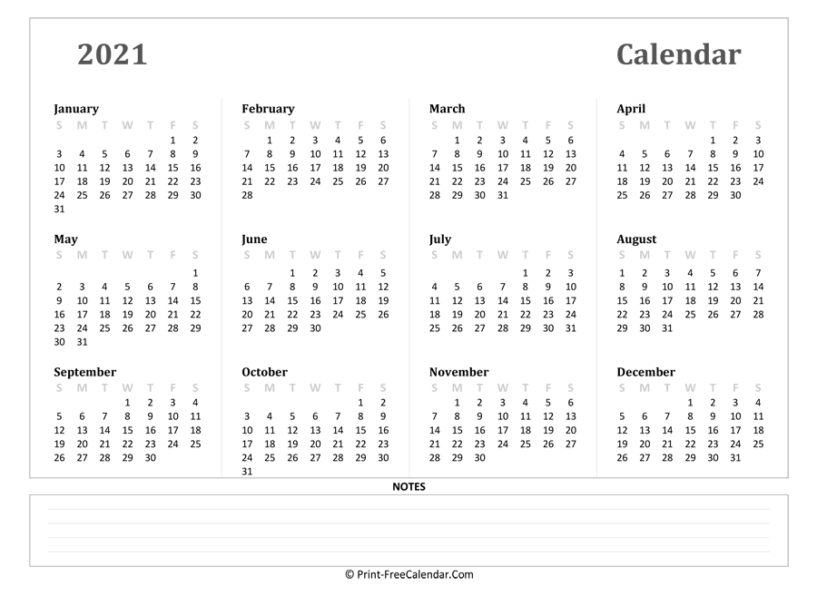 2021 Yearly Calendar With Notes (Landscape Layout)  2021 Yearly Calendar Printable Free With Notes