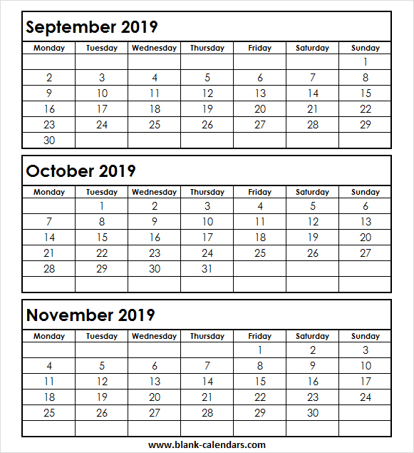 3 Month Calendar 2019 September October November | 3 Month  Three-Month Calendar Template