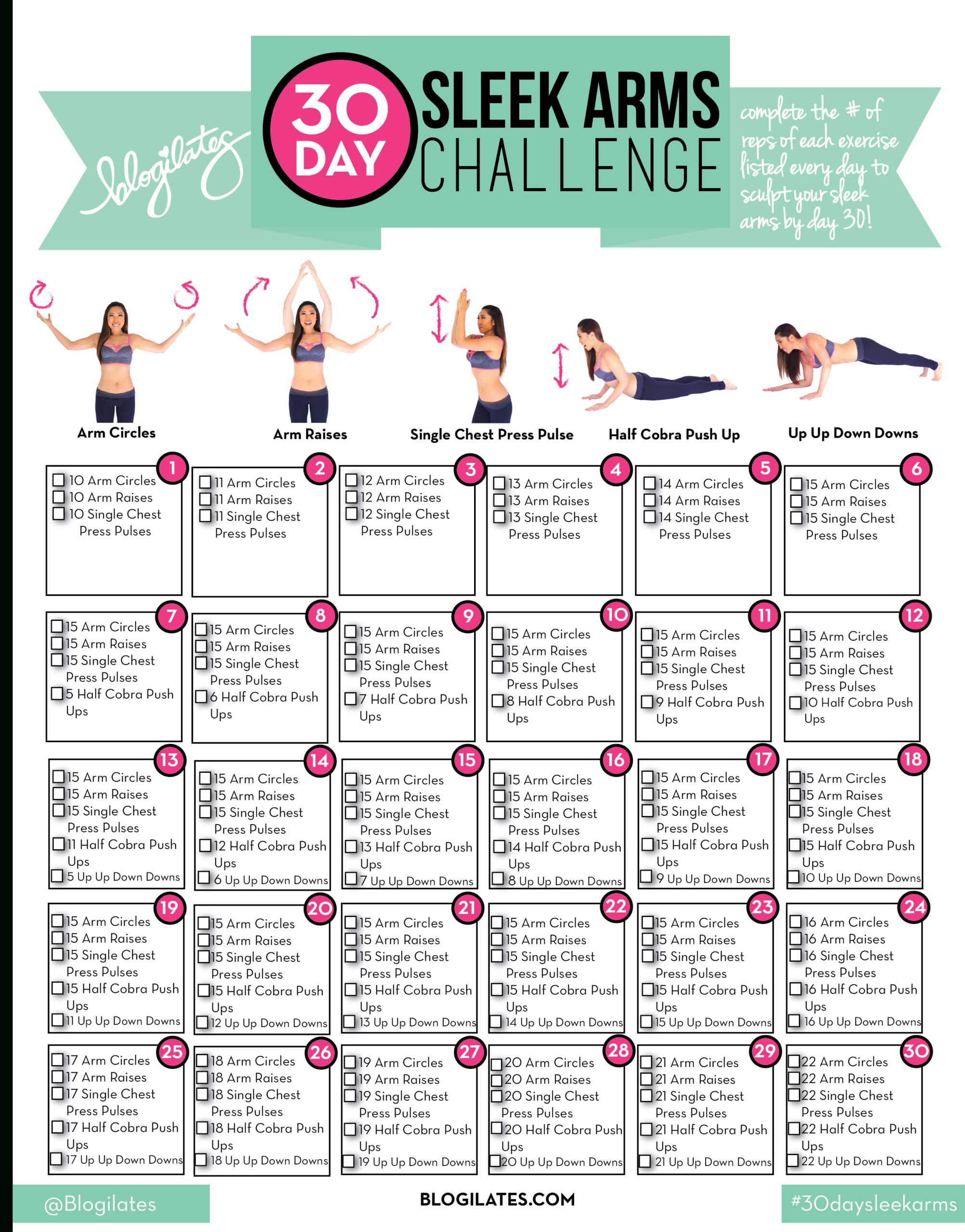 30 Day Sleek Arms Challenge  Printable 30 Day Exercise Challenges