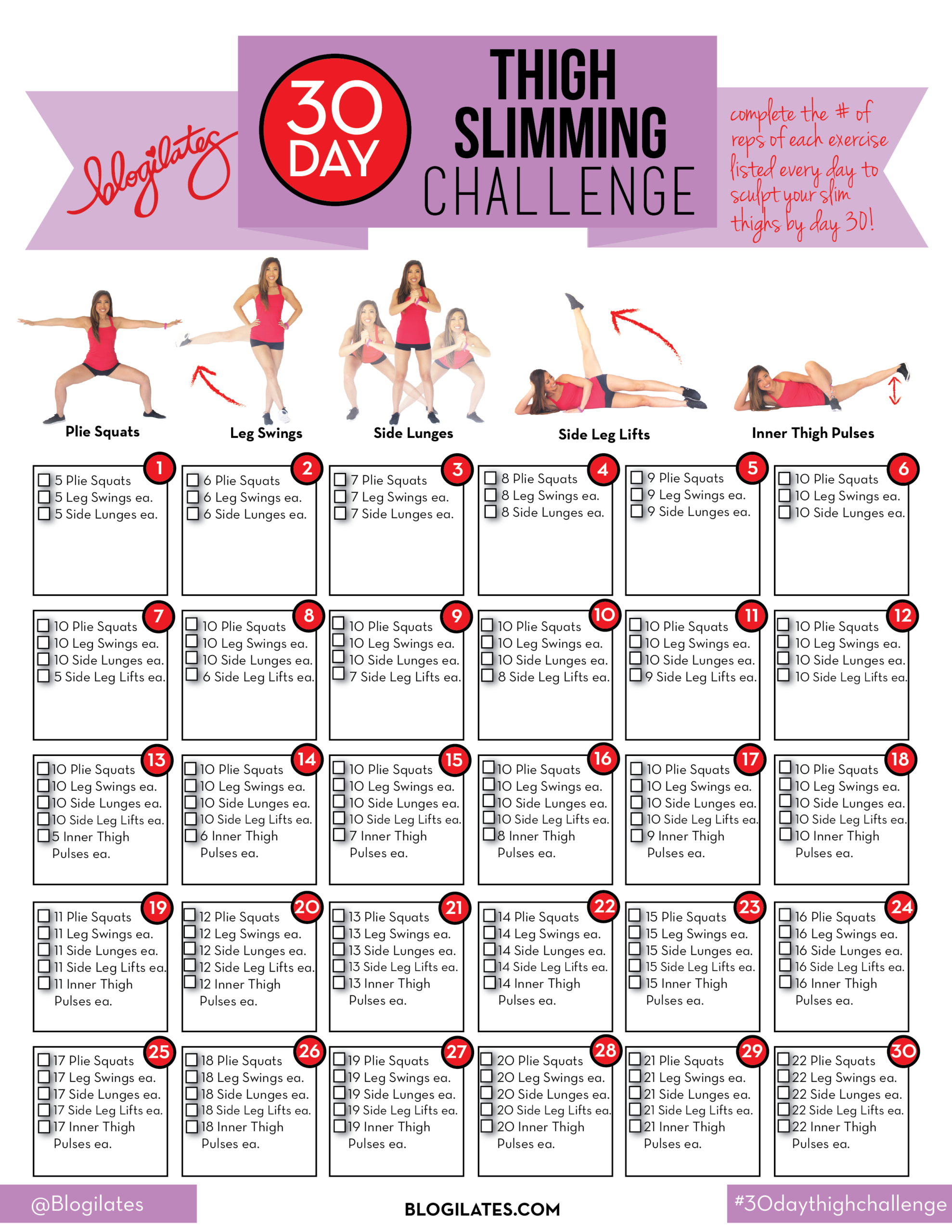 30 Day Thigh Slimming Challenge!  30 Day Fitness Calendar