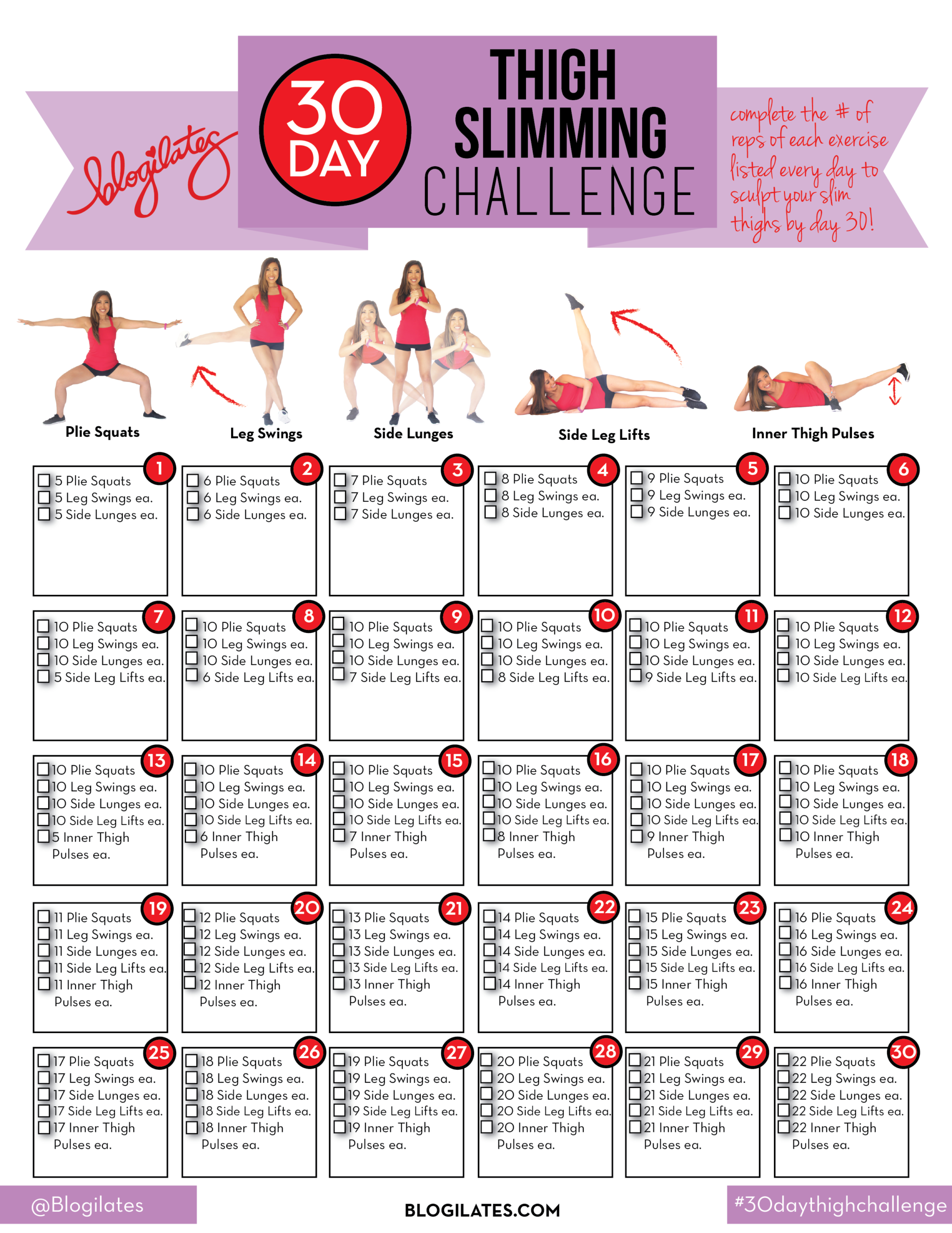 30 Day Thigh Slimming Challenge!  Printable 30 Day Exercise Challenges