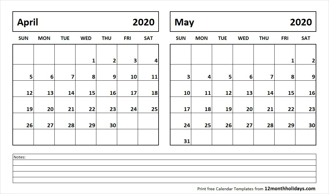 April And May 2020 Calendar (2 Months) Printable Template  Free Printable Calender April And May