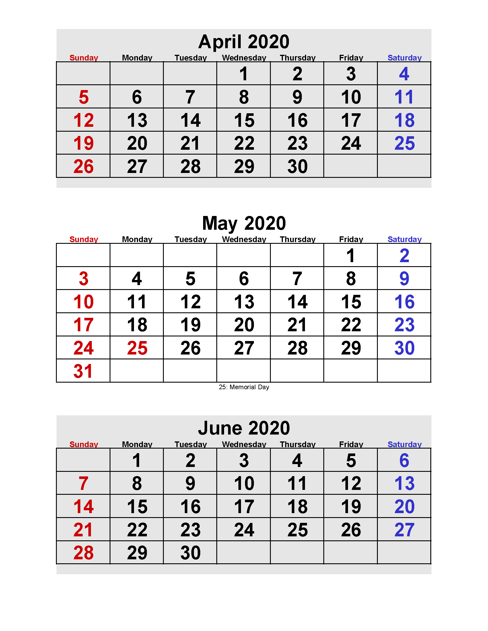April May June 2020 Calendar 3 Months Per Page Printable  2021 Printable 3 Monthly Per Page Calendar