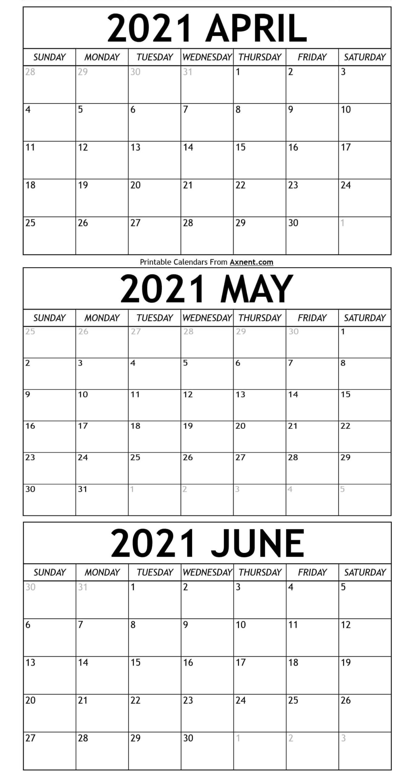 April To June Calendar 2021 Templates - Three Months  Free Printable Calender April And May