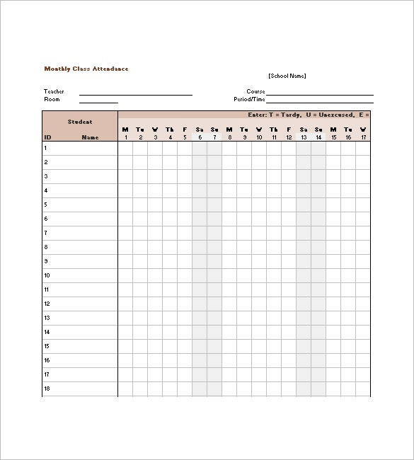 Monthly Attendance List Template Calendar Design