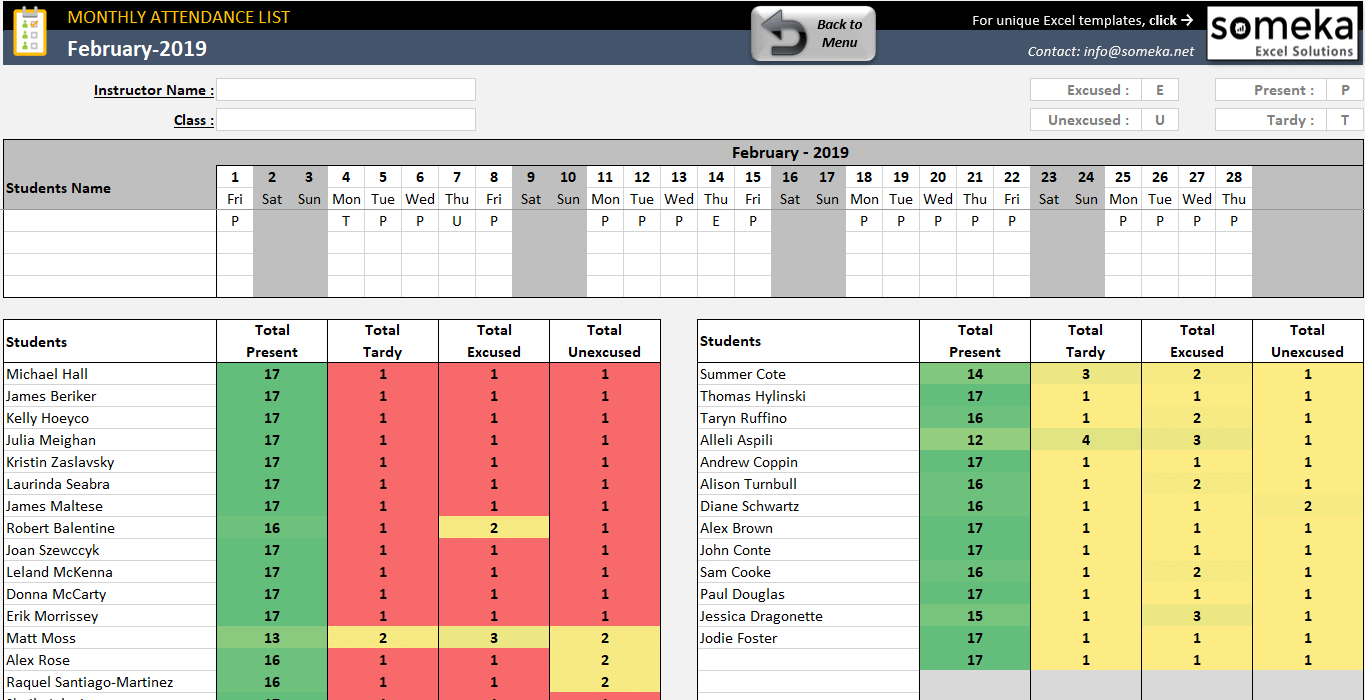 Attendance Sheet Template In Excel - Free Download  Attendance Log