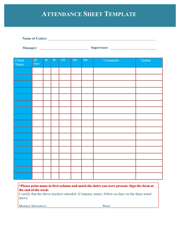 Attendance Sheet Template In Word And Pdf Formats  Attendance Log