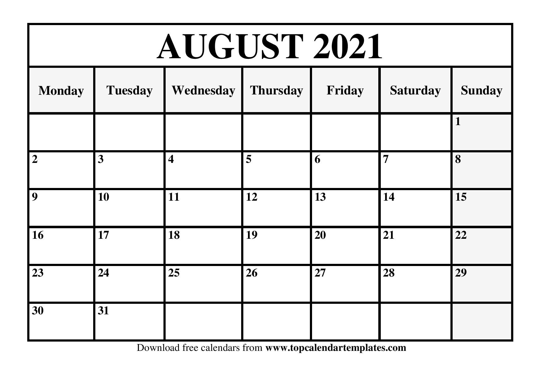 August 2021 Printable Calendar - Monthly Templates  August 2021 To December Calendar