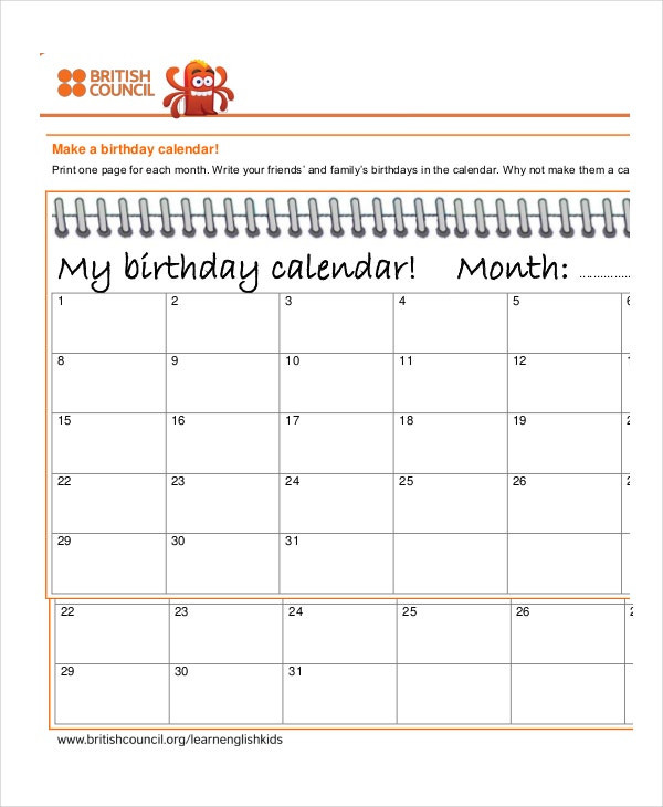 Birthday Calendar - 14+ Free Word, Pdf, Psd Documents  Free Printable Birthday Calendar Template