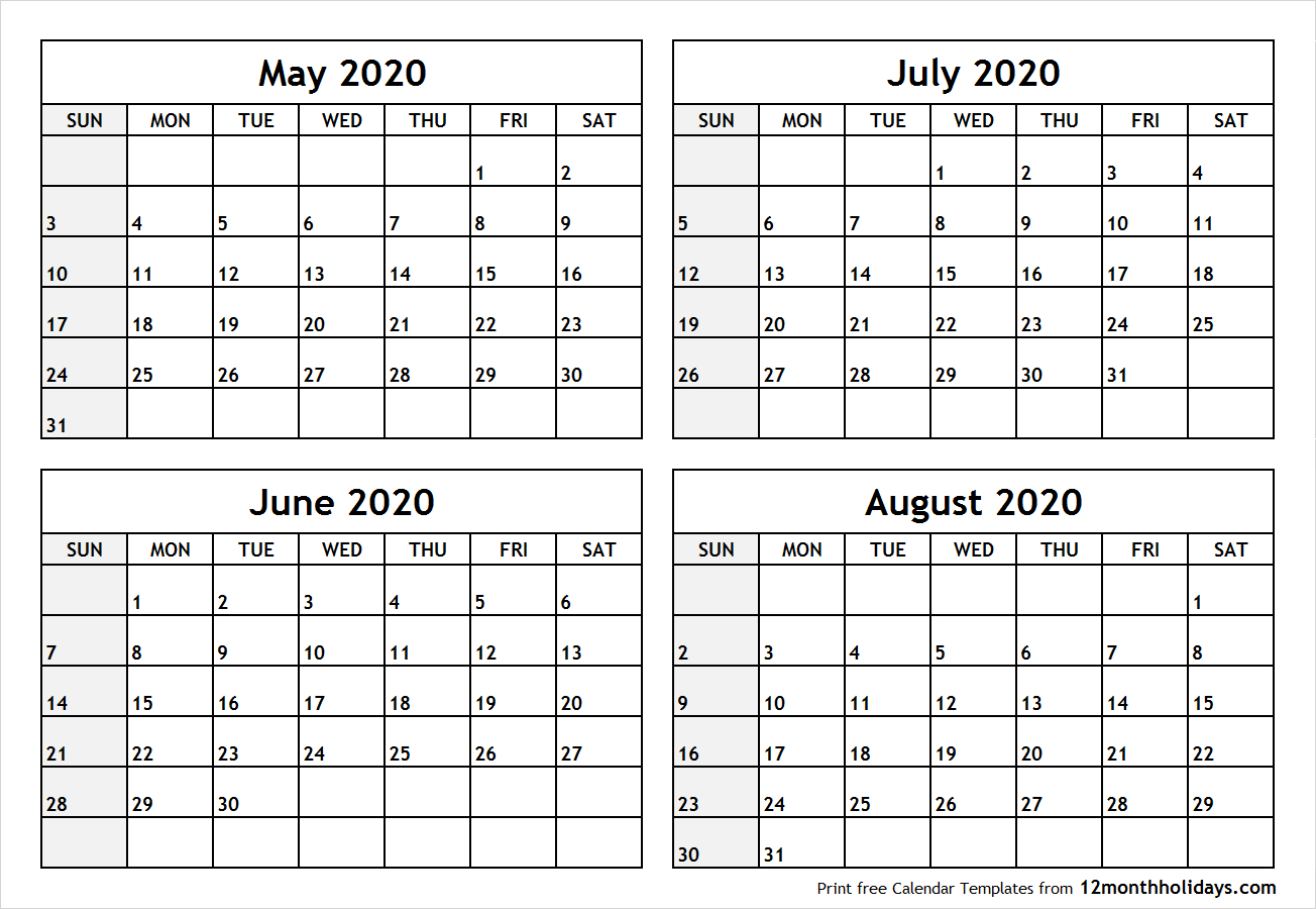 Blank Calendar Template June July August 2020 | Example  May June July With Notes Printable