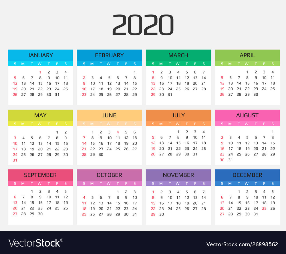 Calendar 2020 Template 12 Months Include Holiday Vector Image  12 Month Calendar To Print