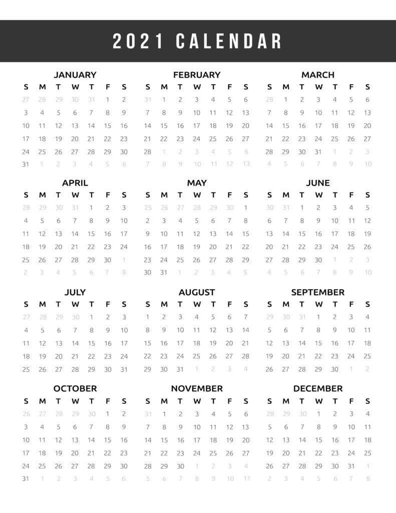 Calendar 2021 Printable One Page - World Of Printables  Free Full Year Printable Calendar 2021