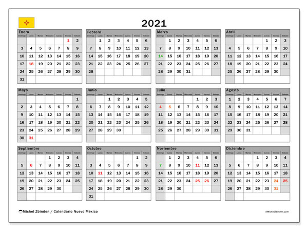 Calendario &quot;Nuevo México&quot; 2021 Para Imprimir - Michel  Calendario 2021 Con Las Semanas