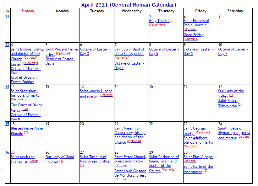 Catholic Liturgical Calendar 2021  2021 Lectionary Calendar