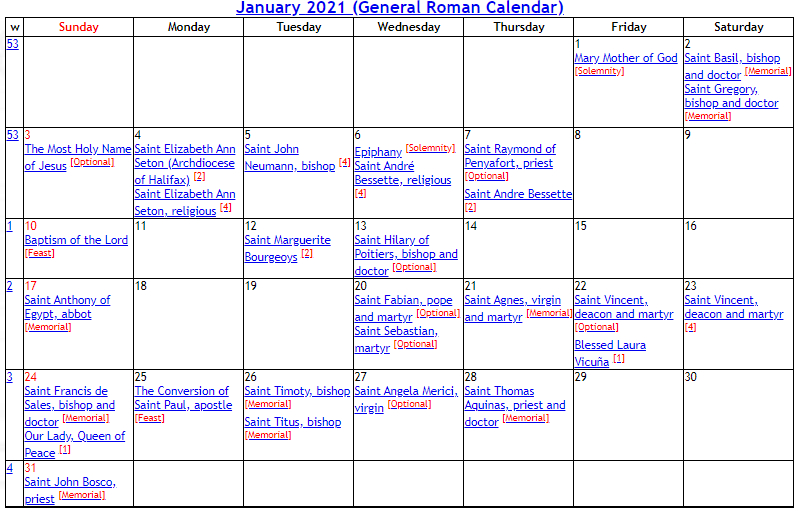 Catholic Liturgical Calendar 2021  Lectionary Readings Year A 2021