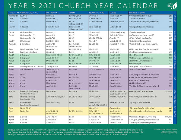 Church Year Calendar, Year B 2021 | Augsburg Fortress  Lectionary Readings Year A 2021