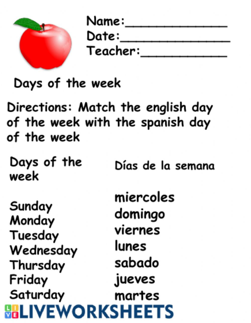 Days Of The Week Online Worksheet For Grade Pre- K  Days Of The Week Grid For Workers Hours