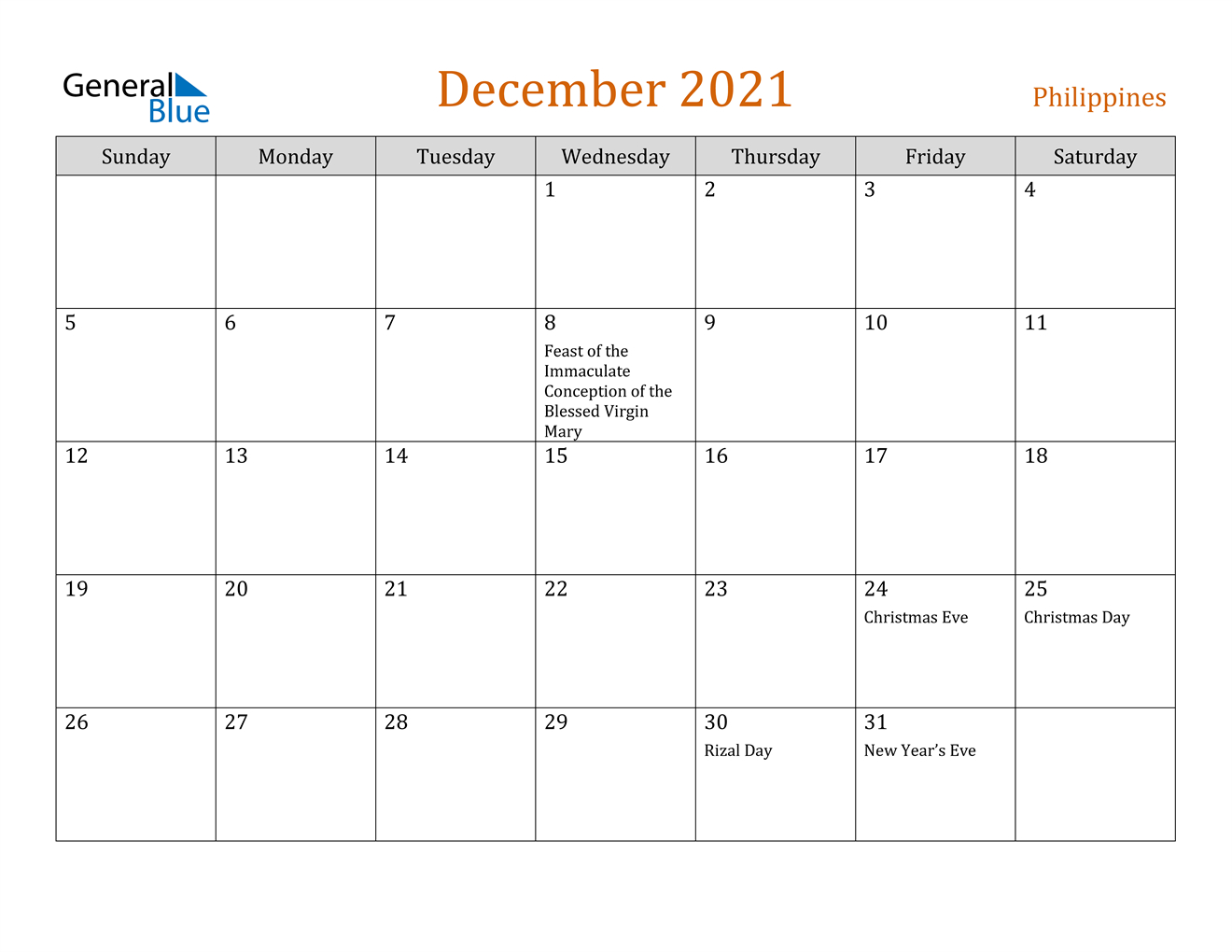 December 2021 Calendar - Philippines  August 2021 To December Calendar