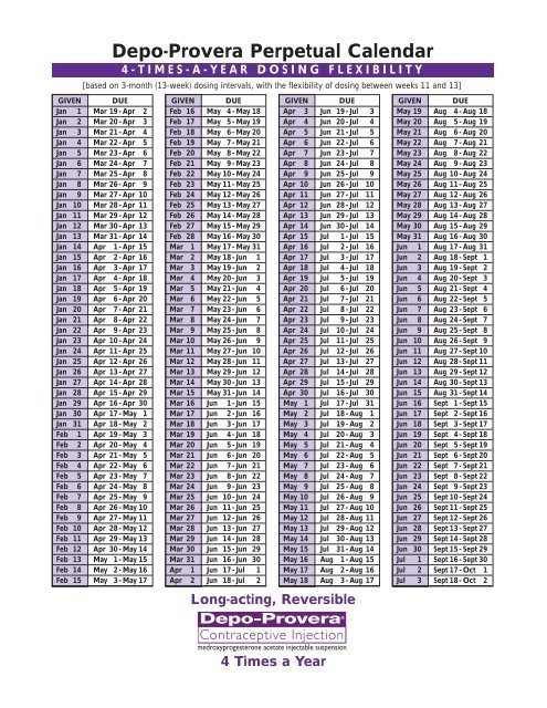 Depo Provera Injection Schedule Chart Photo | Calendar  Depo Calander