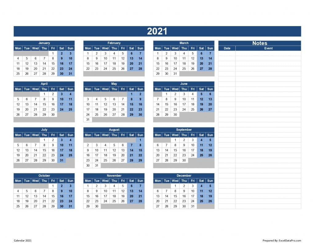 Download 2021 Yearly Calendar (Mon Start) Excel Template  2021 Yearly Calendar Printable Free With Notes