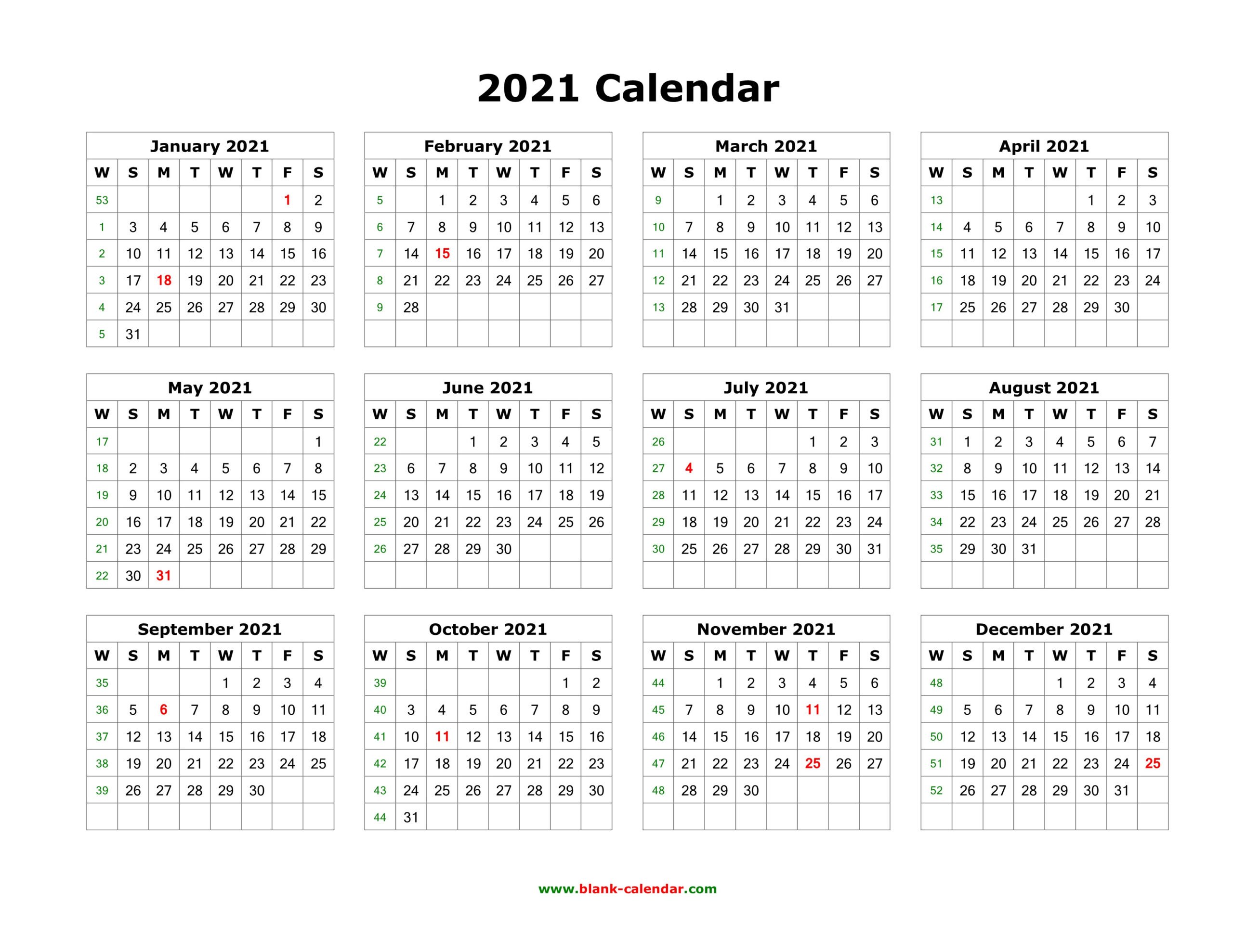Download Blank Calendar 2021 (12 Months On One Page  Free Full Year Printable Calendar 2021