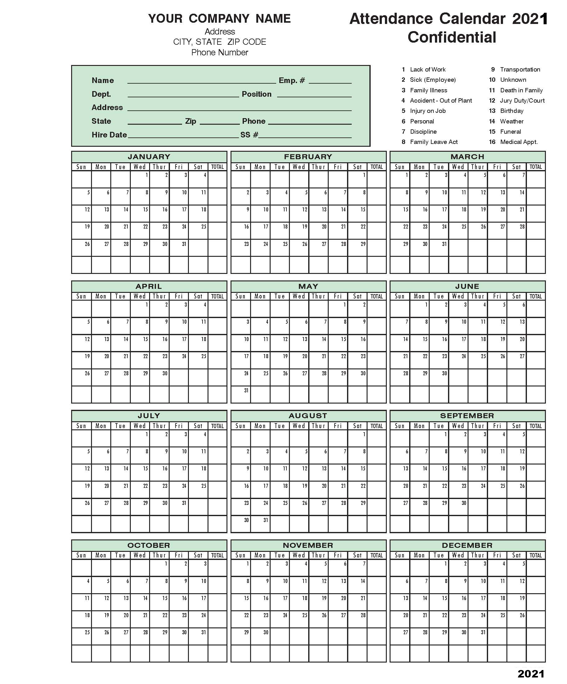 Employee Attendance Calendar 2021 | Calendar Printables  Employee Attendance  Calendar Free Printable 2021