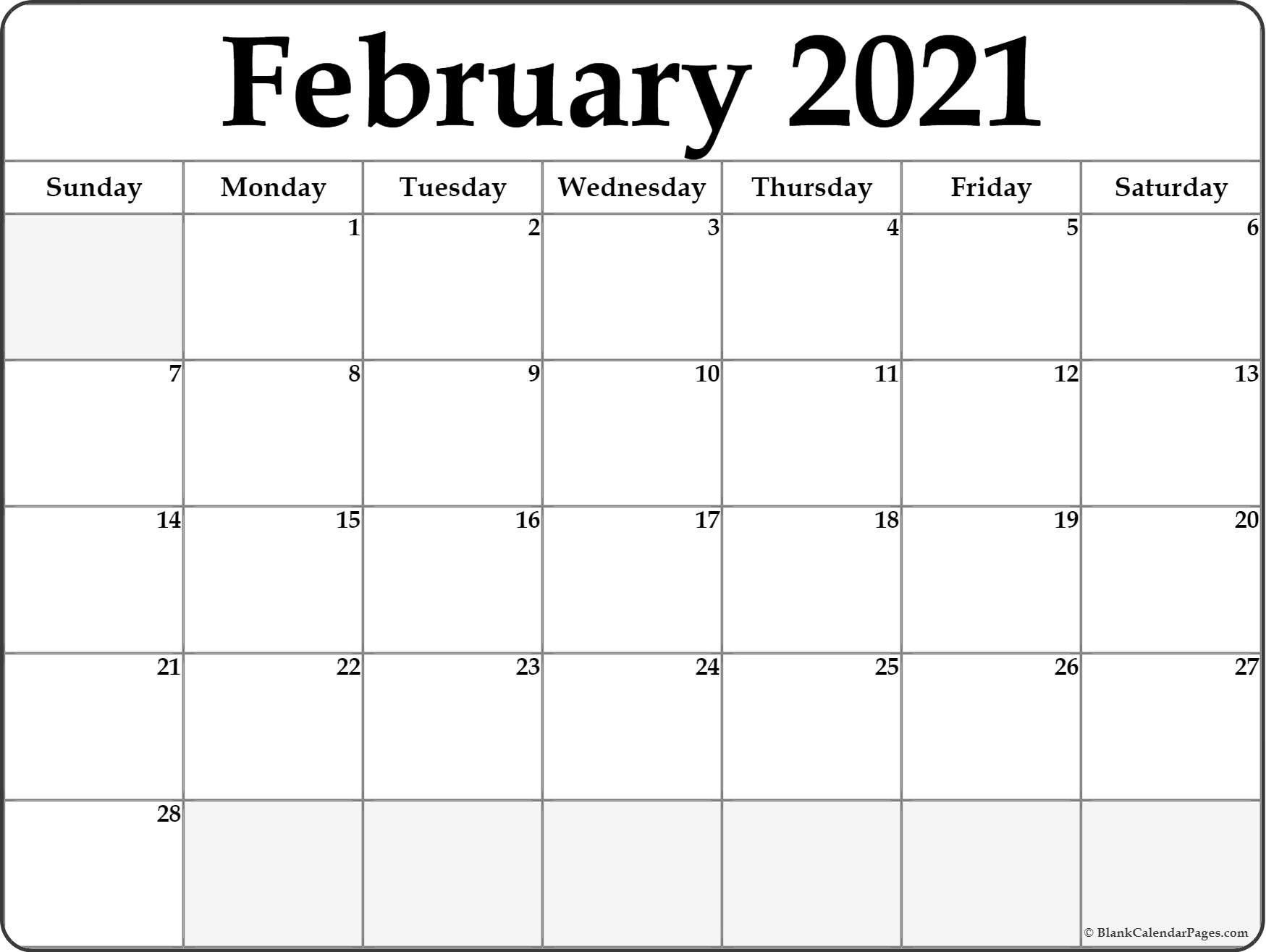 February 2021 Blank Calendar | Printable March  Blank 2021 Calendar Printable Free