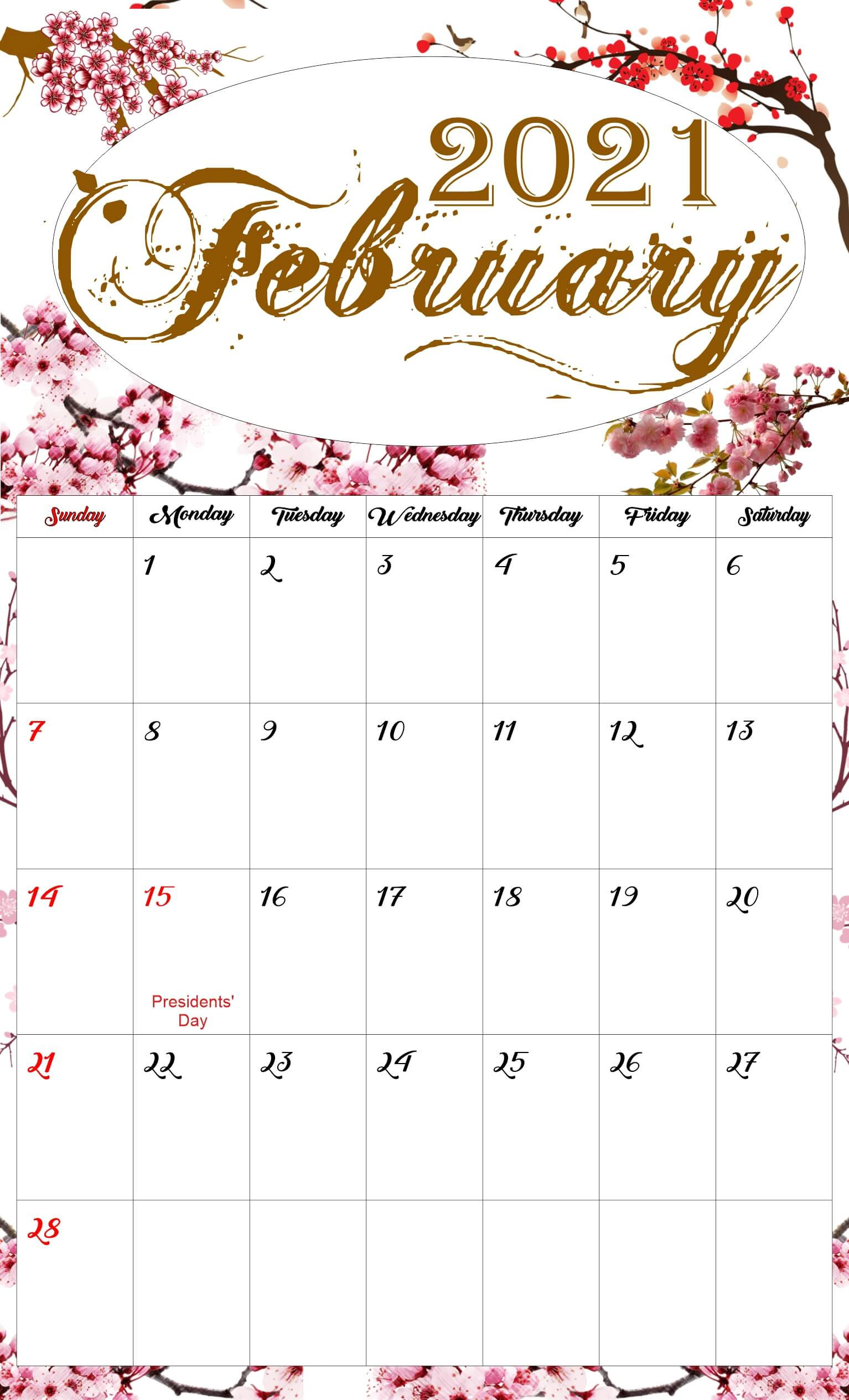 Floral February 2021 Calendar Printable - Free Printable  February 2021 Calendar Printable