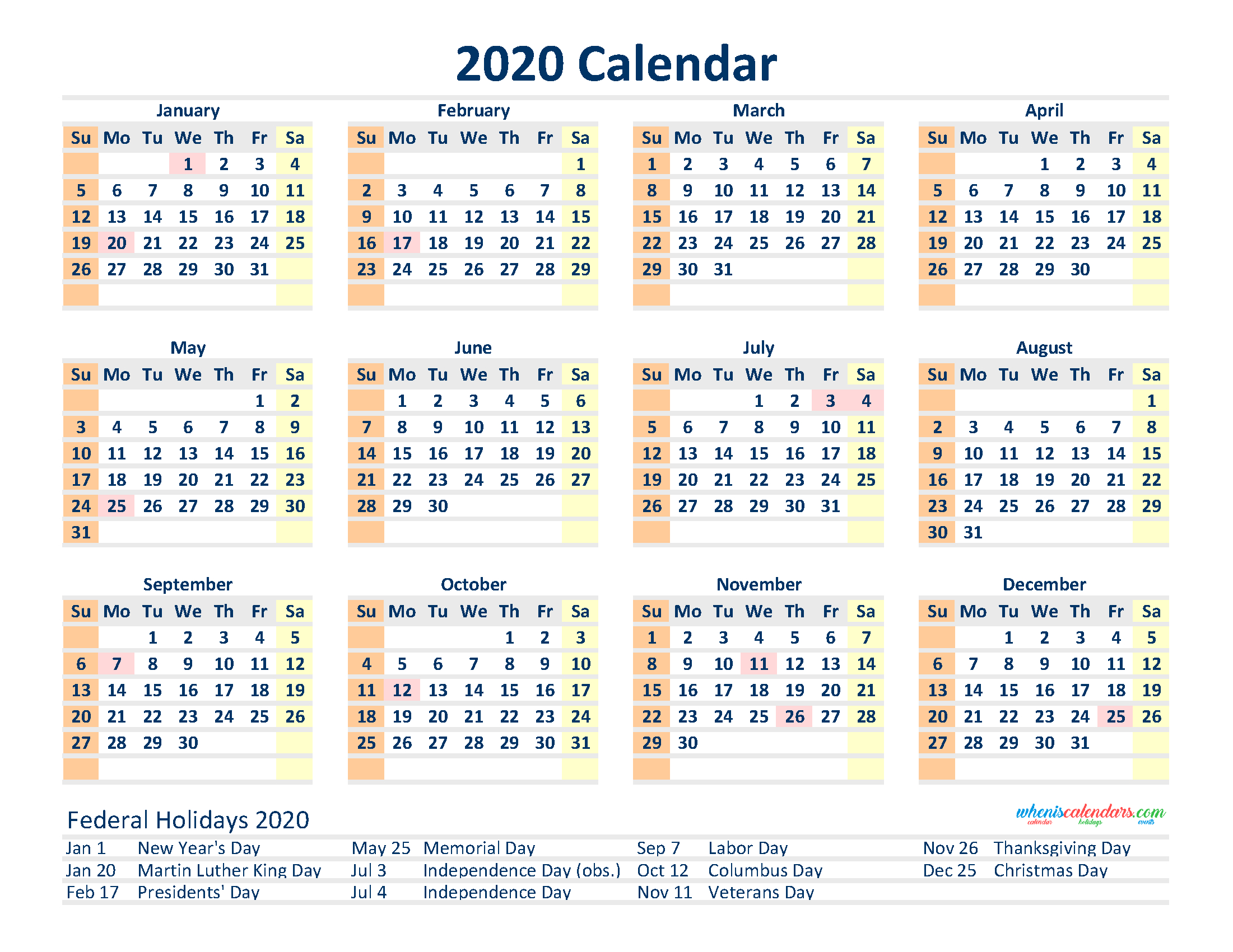 Free 2020 12 Month Calendar Printable Pdf, Excel, Image  12 Month Calendar To Print