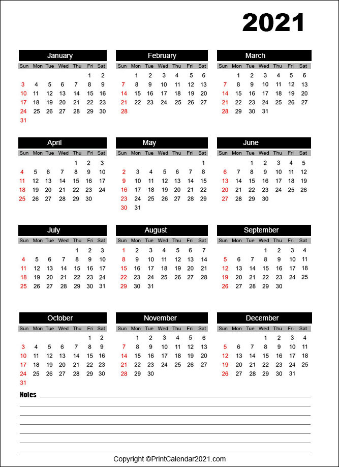 Free 2021 Calendar With Notes  Full 2021 Printable Calendar
