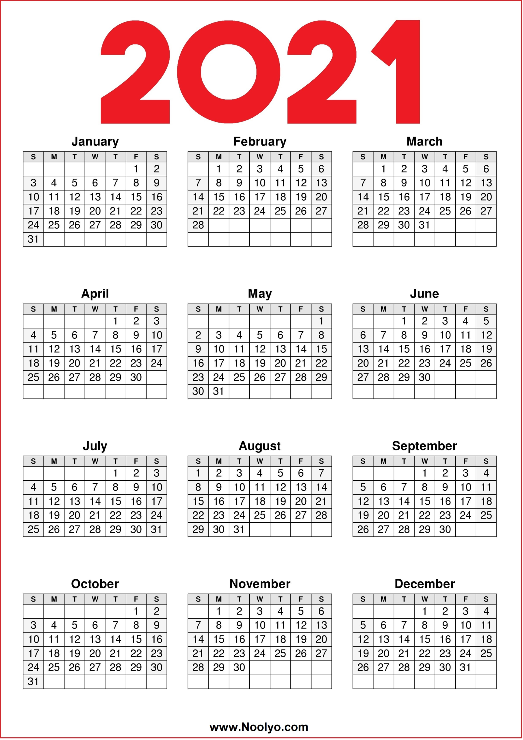 Free 2021 Yearly Calender Template : Calendar 2021  Blank 2021 Calendar Printable Free