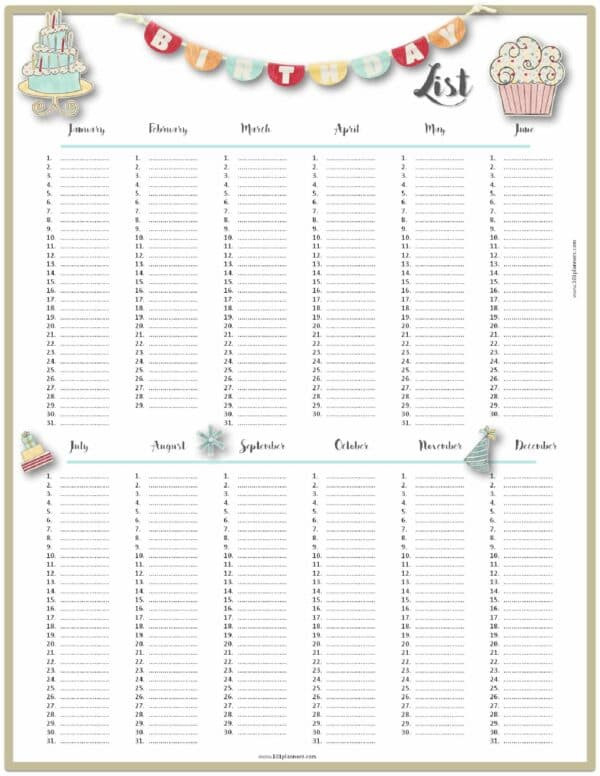 Free Birthday List Template | Customize Then Print  Free Printable Birthday Calendar Template