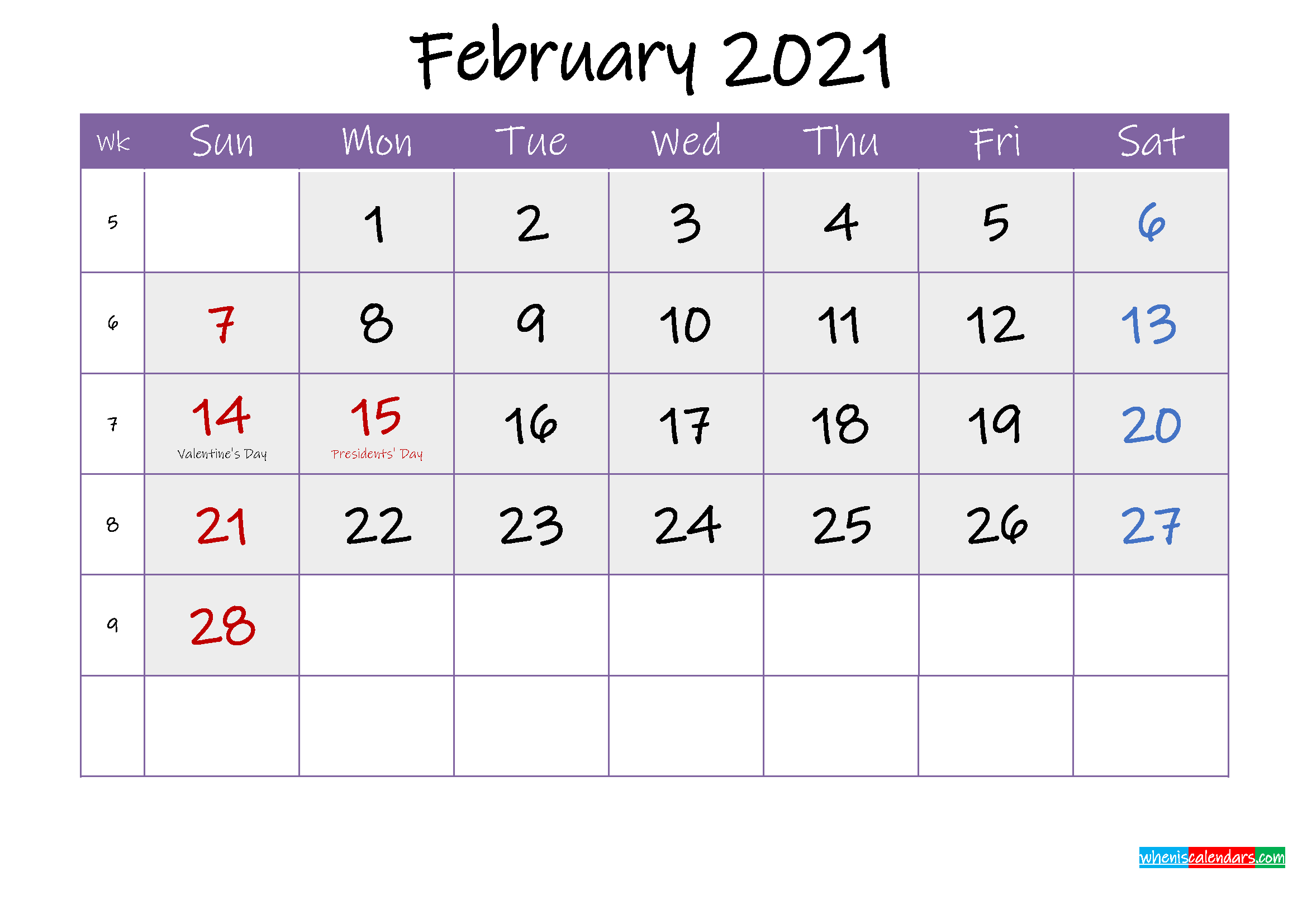 Free February 2021 Printable Calendar With Holidays  February 2021 Calendar