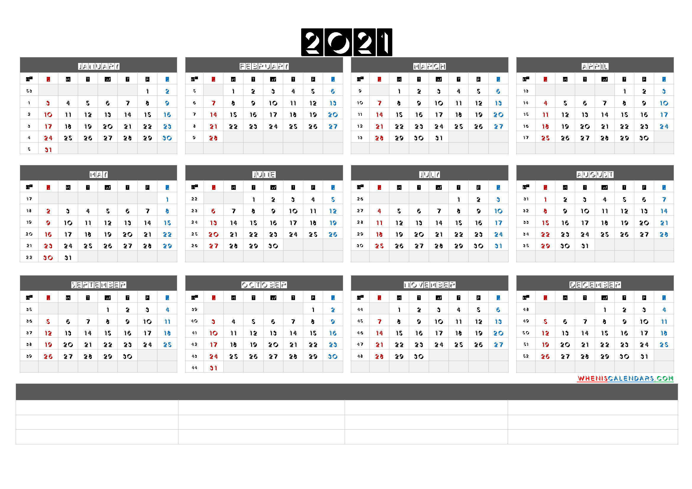 Free Printable 2021 Yearly Calendar With Week Numbers (6  2021 Yearly Calendar Printable Free With Notes