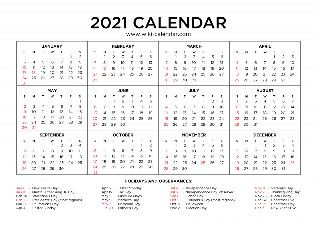 Free Printable Year 2021 Calendar With Holidays  Free Full Year Printable Calendar 2021