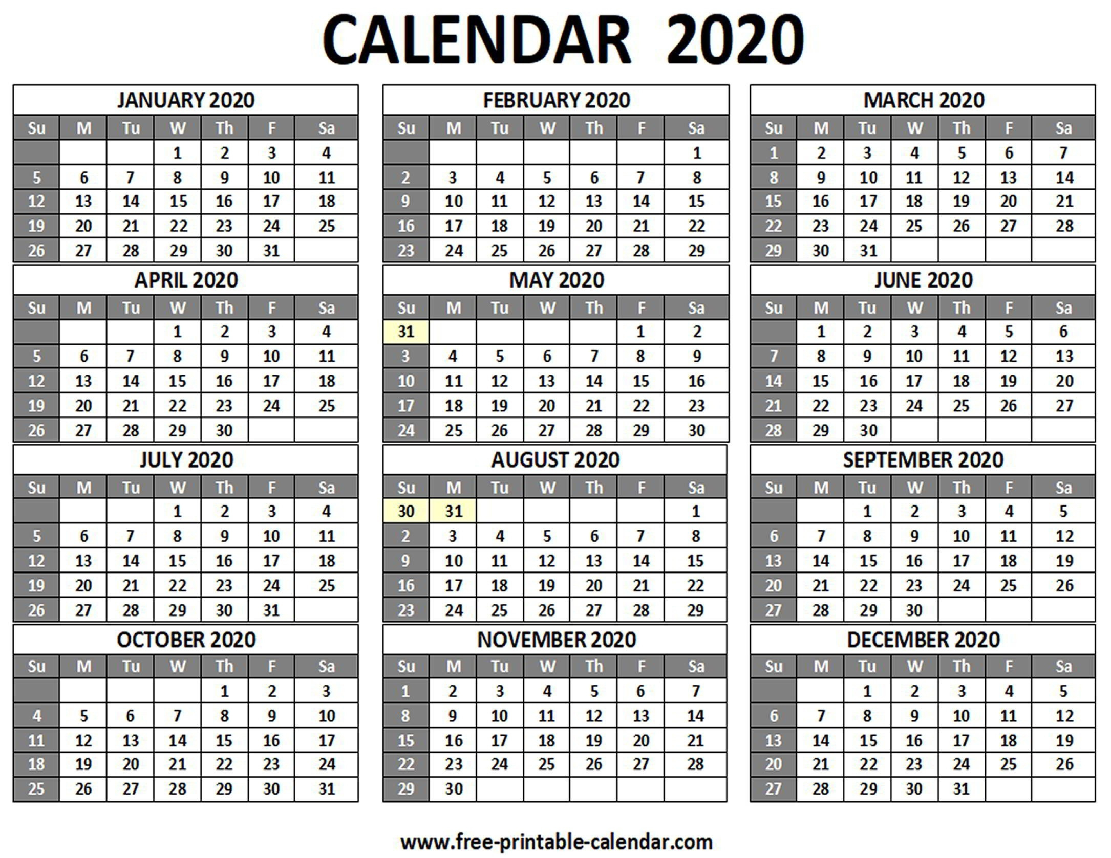 Full Page Printable 2020 Calendar - Template Calendar Design  Depo Preva Schedule