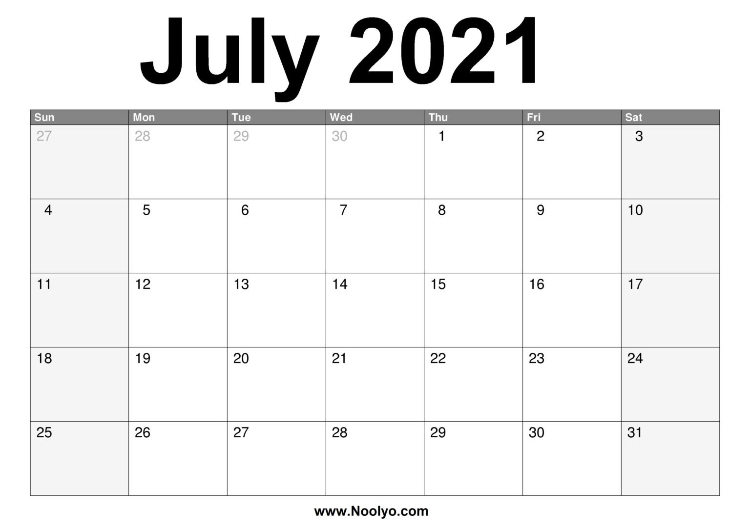 July 2021 Calendar Printable - Free Download - Noolyo  July Calendars Free Printable Without Downloading