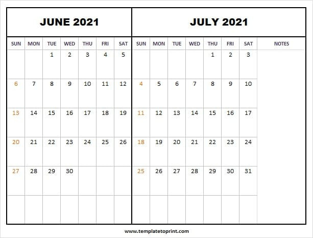 June July Calendar 2021 With Notes | Free 2021 Calendar  May June July With Notes Printable