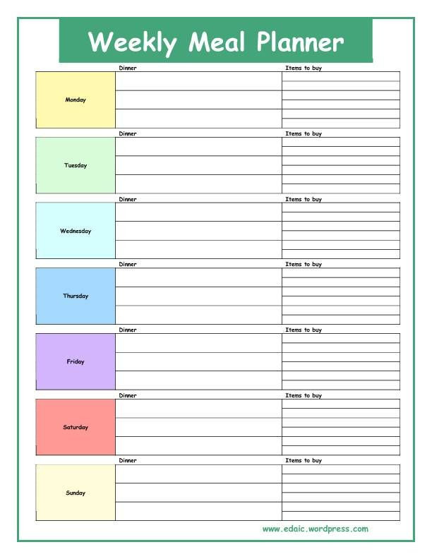 7 day weekly meal planner printable