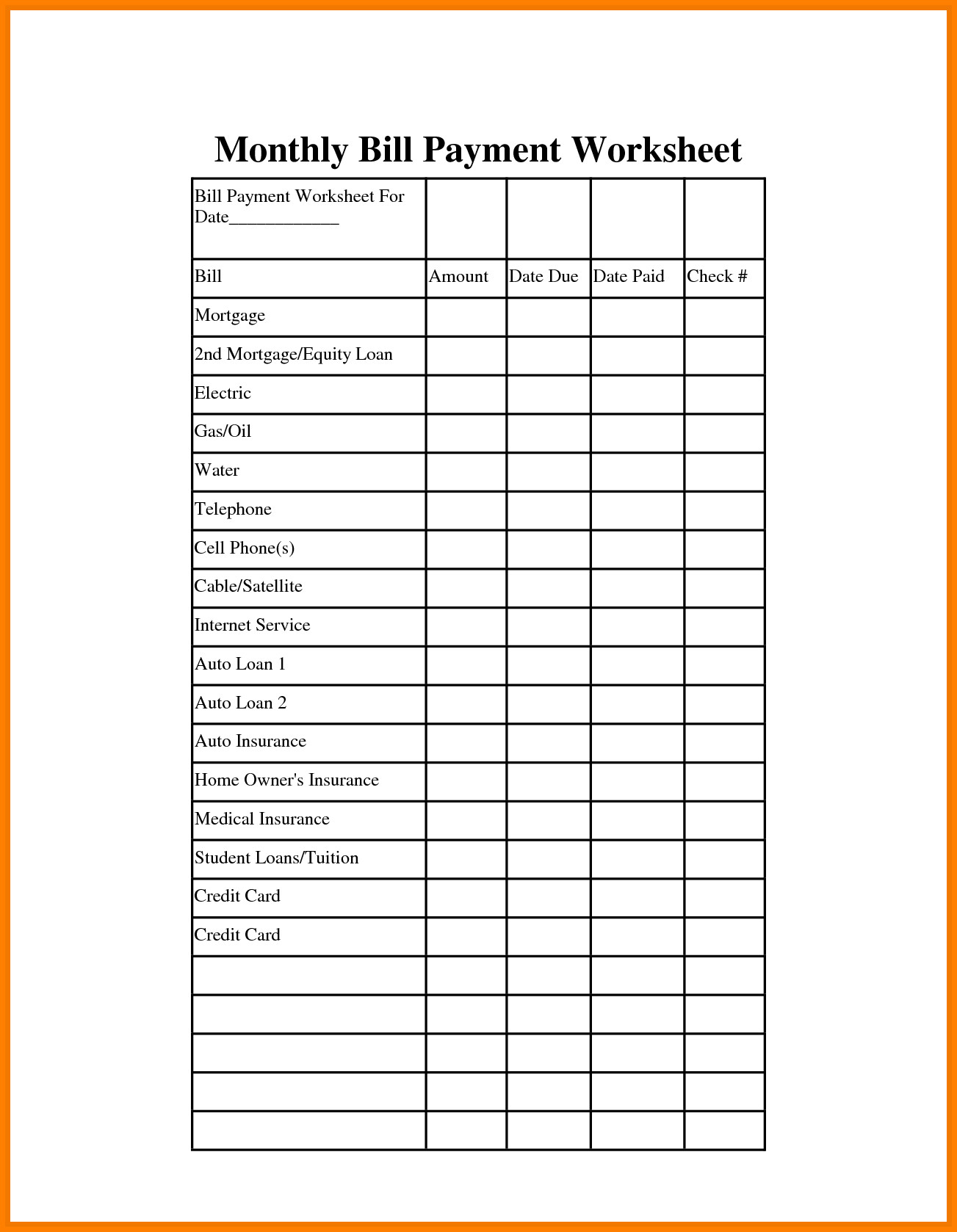 Monthly Bills Template | Charlotte Clergy Coalition  Printable Bill Tracker Template