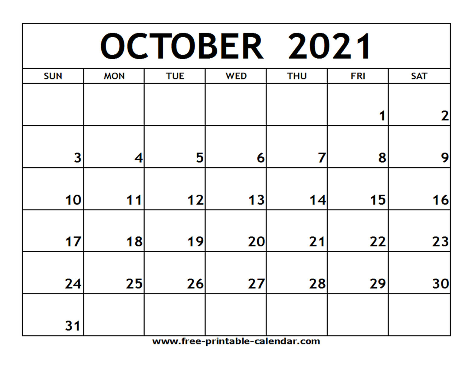 October 2021 Calendar Free Printable | 2021 Printable  Blank 2021 Calendar Printable Free