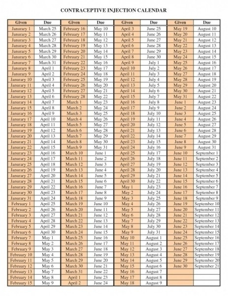 Perpetual Depo Provera Calendar | Free Printable Calendar  Medroxyprogesterone Injection Schedule