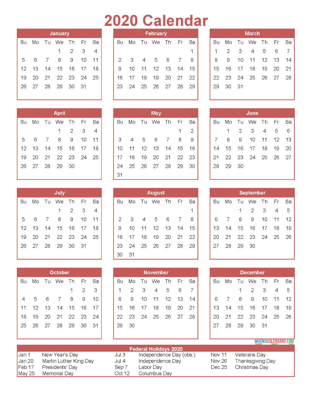 Printable 12 Month 2020 Calendar With Holidays | Free  12 Month Calendar To Print