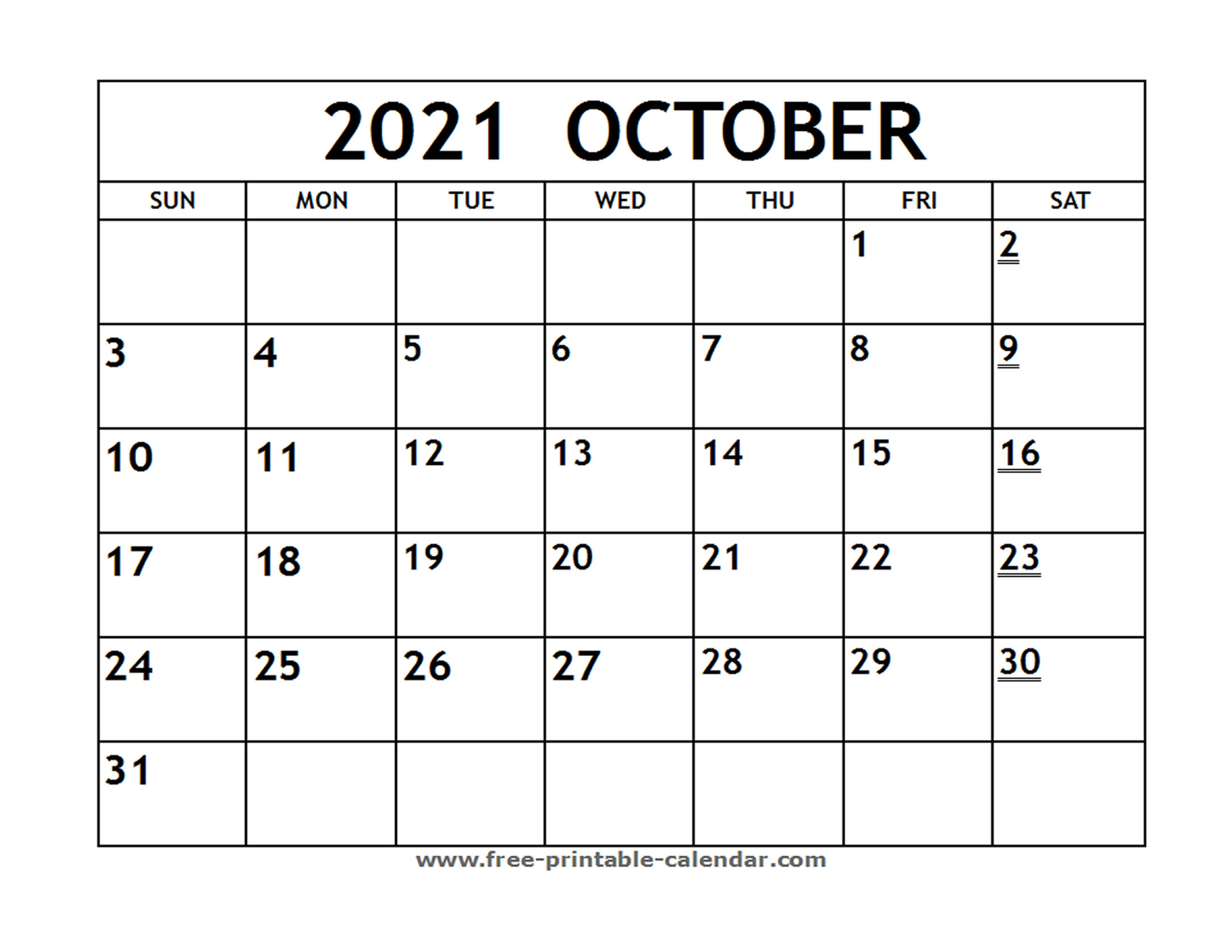 Printable 2021 October Calendar - Free-Printable-Calendar  Blank 2021 Calendar Printable Free